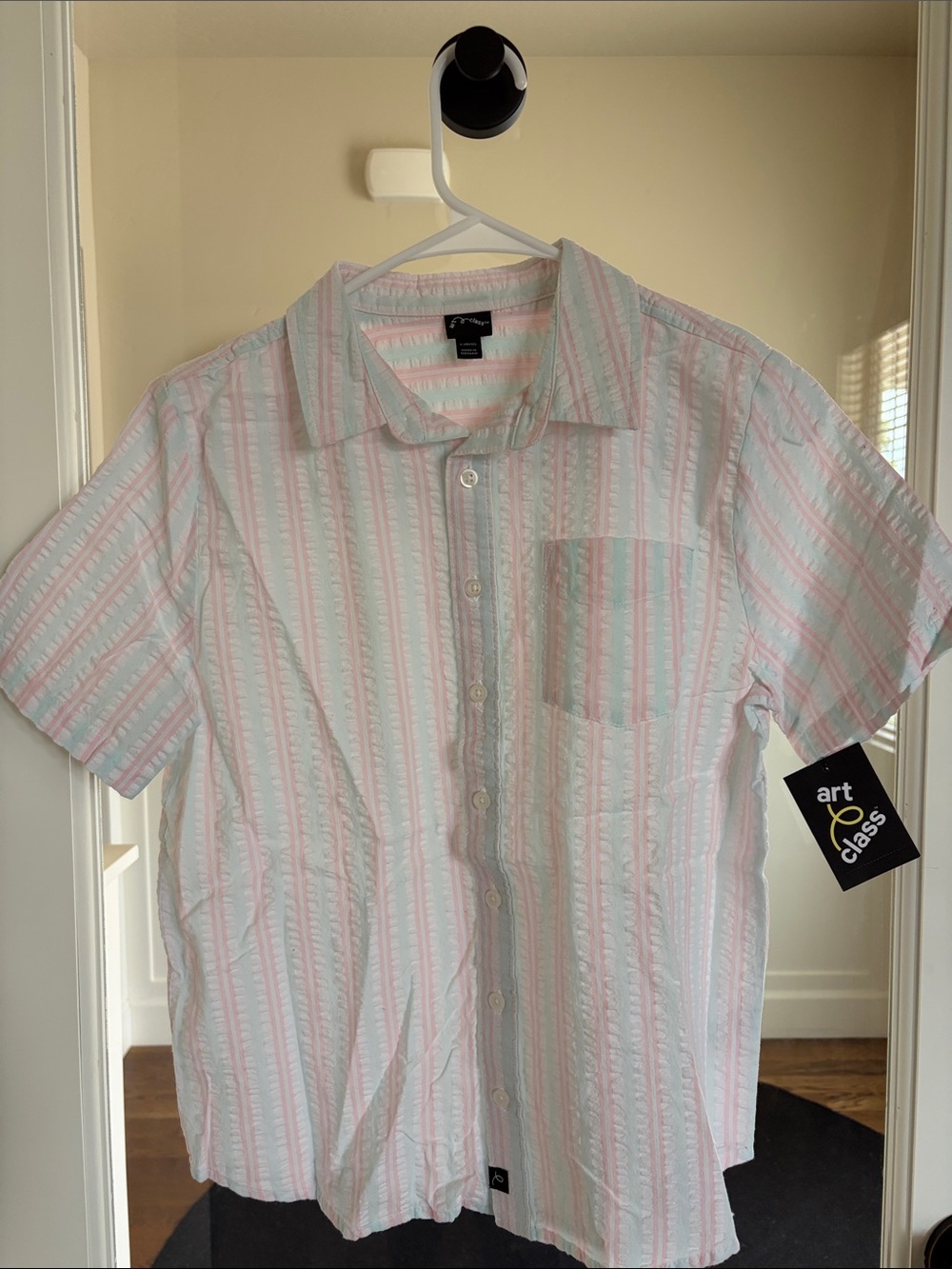 art class White Button-Down Shirt with Pastel Pink & Mint Stripes